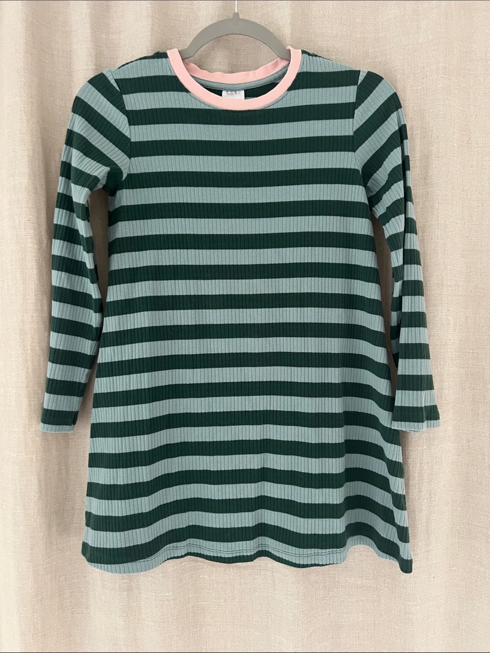Hanna Andersson Girls' Green Striped Long-Sleeve Ribbed Dress. Sz 10